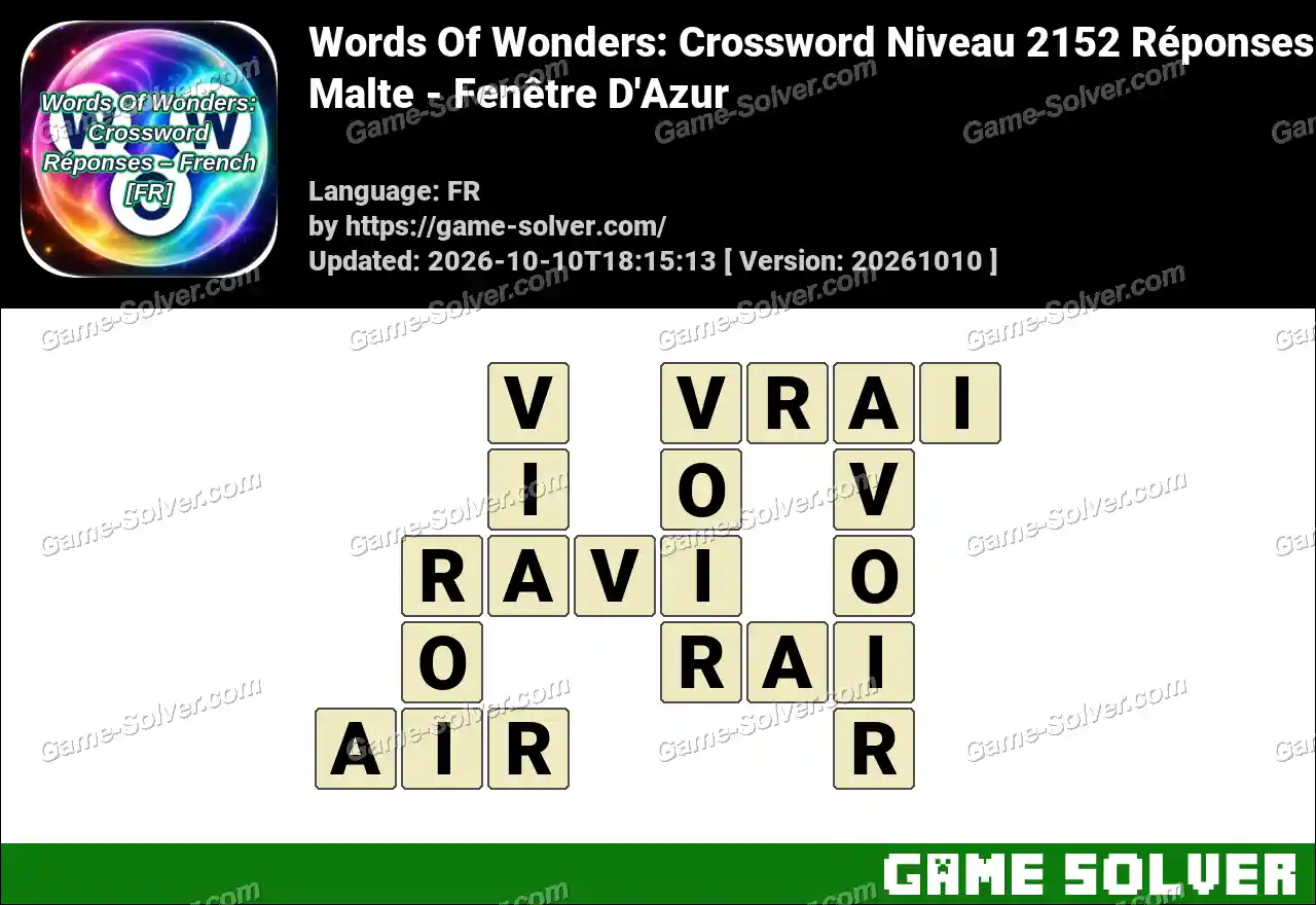 Words Of Wonders: Crossword Niveau 2152 Réponses – Malte – Fenêtre D’Azur